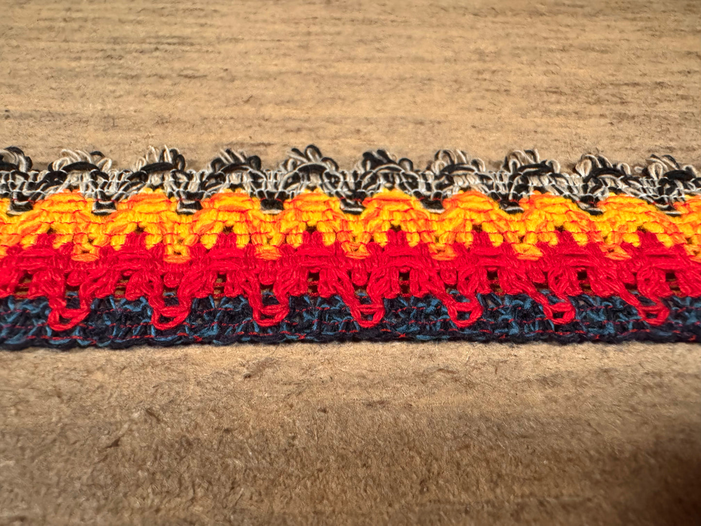 Crochet lace edging trim fabric with scallop, per metre - stripe - orange red & navy
