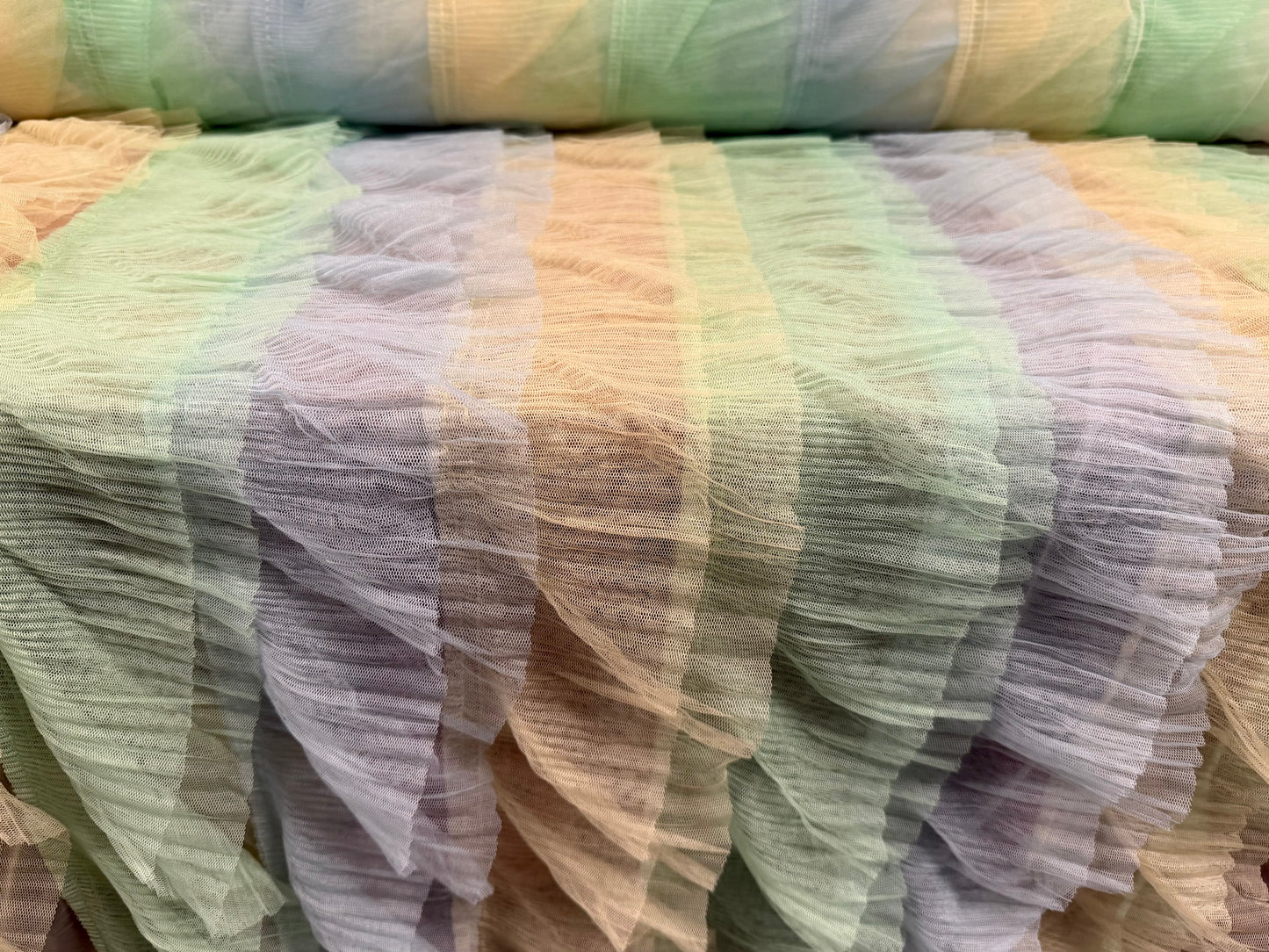 Layered tulle mesh net fabric, per metre - stripe - green, lemon & sky blue