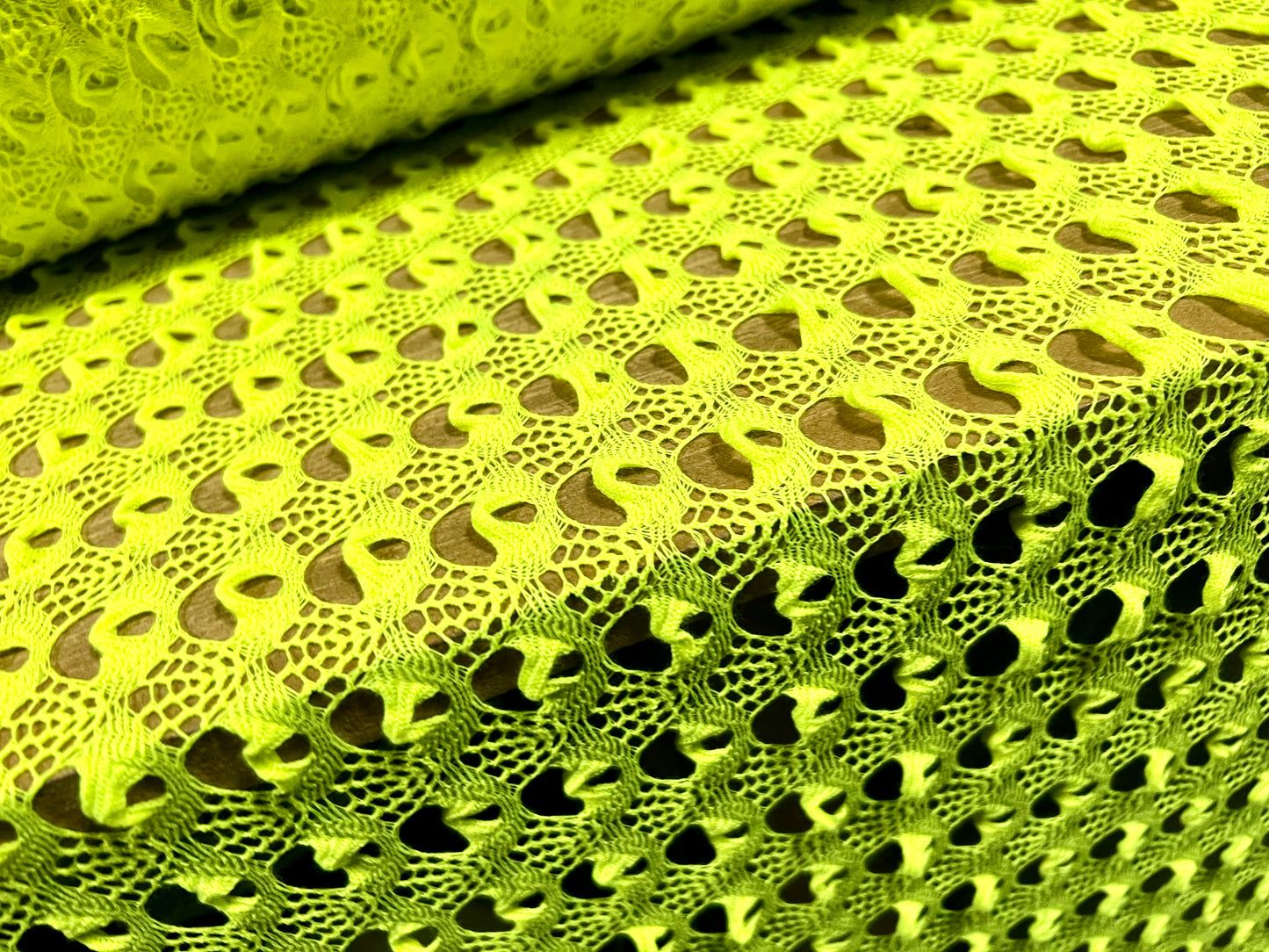 Crochet knit lace jersey dress fabric, per metre - fluorescent yellow