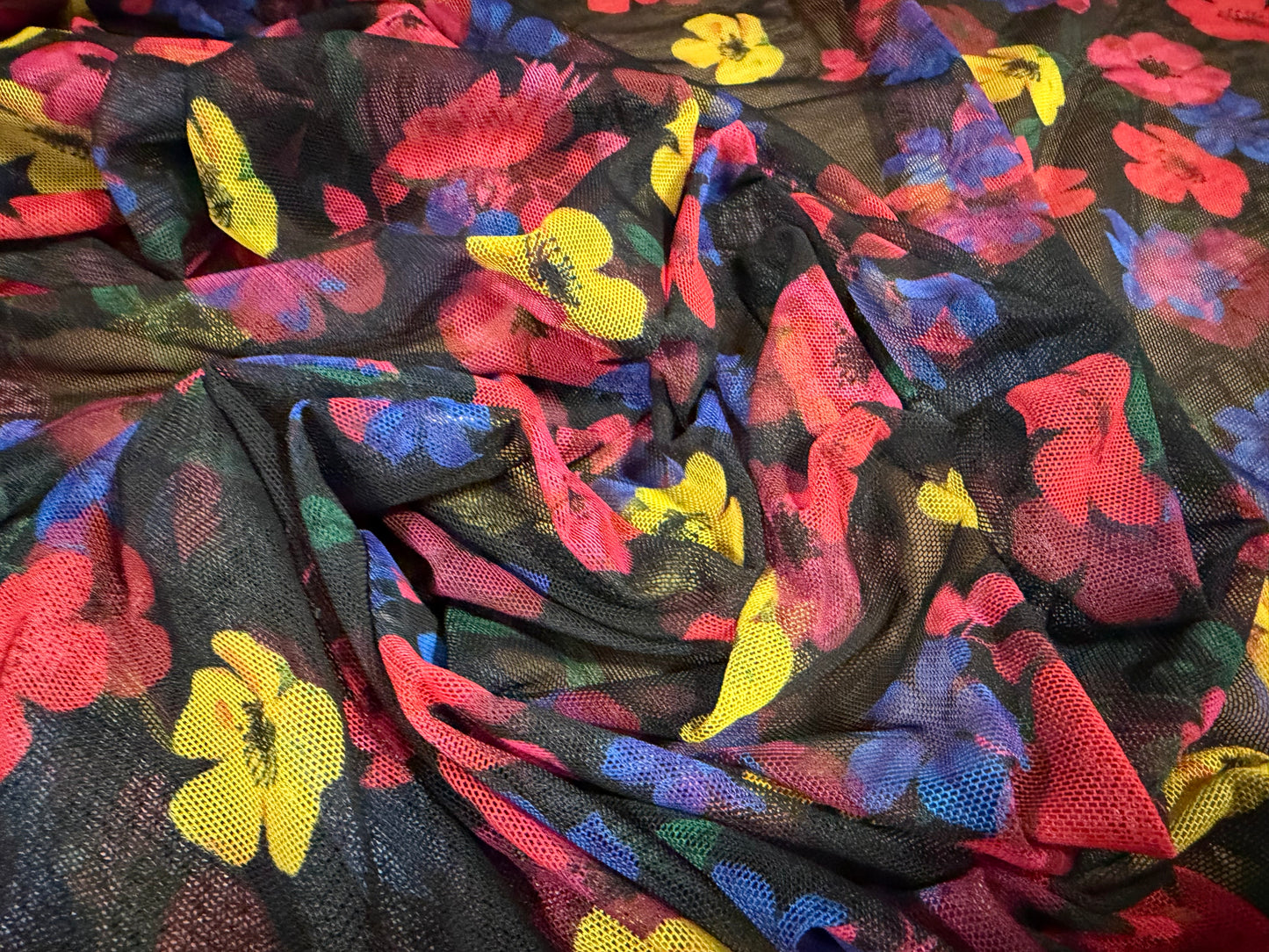 Power mesh net stretch spandex fabric, per metre - multicolour flower print