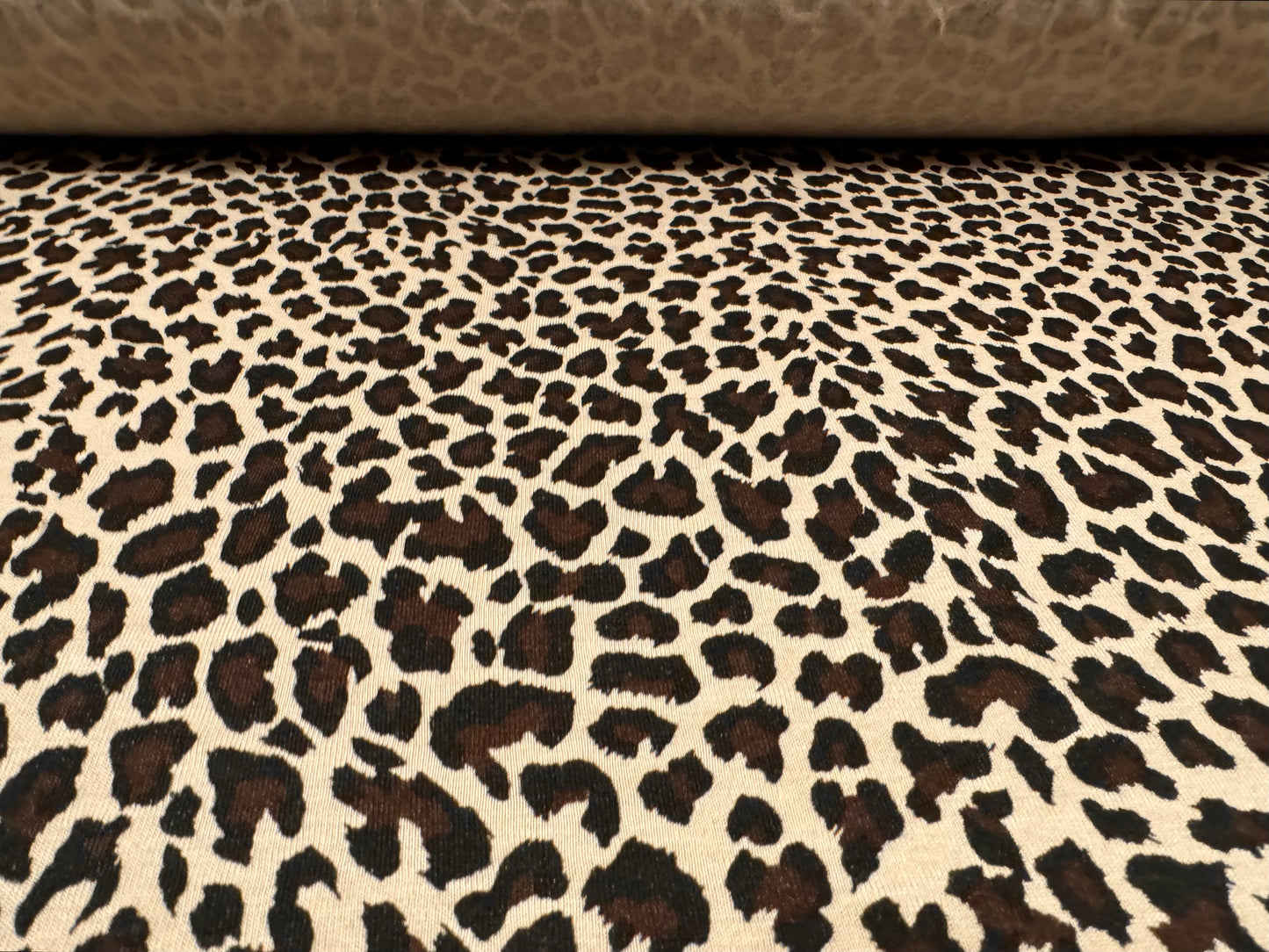 Viscose spandex stretch single jersey fabric, per metre - leopard print - brown & stone