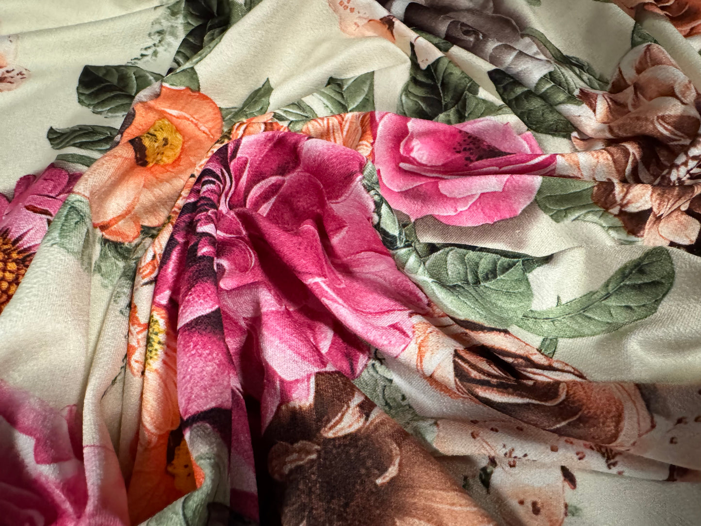 Stretch spandex crepe single jersey dress fabric, per metre - carnations and roses print - pistachio cream & pink
