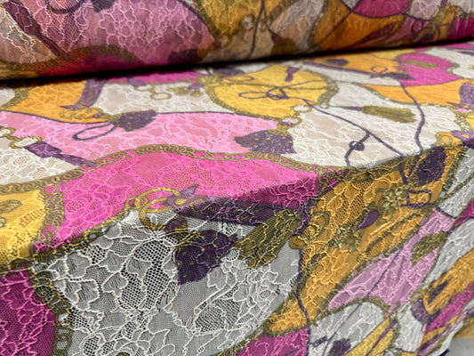 Stretch spandex lace fabric, per metre - tassels & chains print - pink gold and ivory