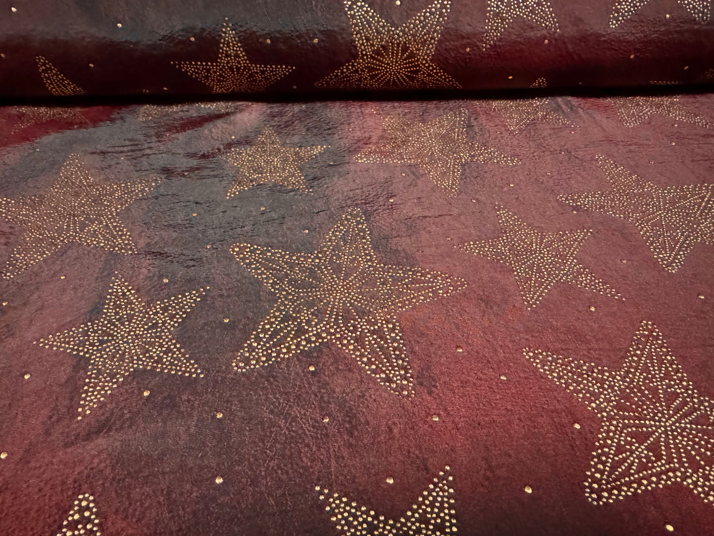 Taffeta faux silk fabric - metallic stars print - burgundy & gold