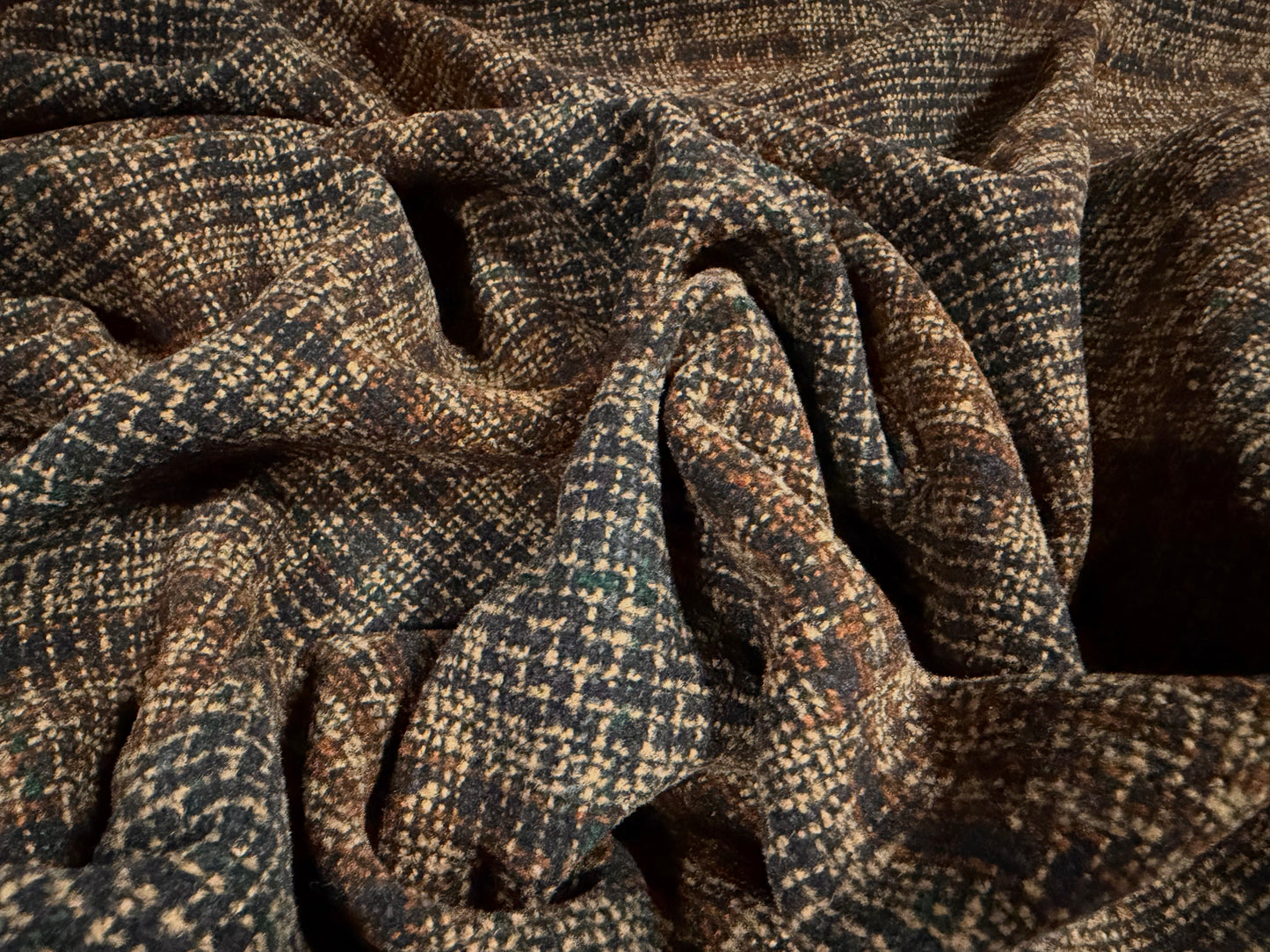 Heavyweight wool bouclé fabric, per metre - plaid check - brown & navy