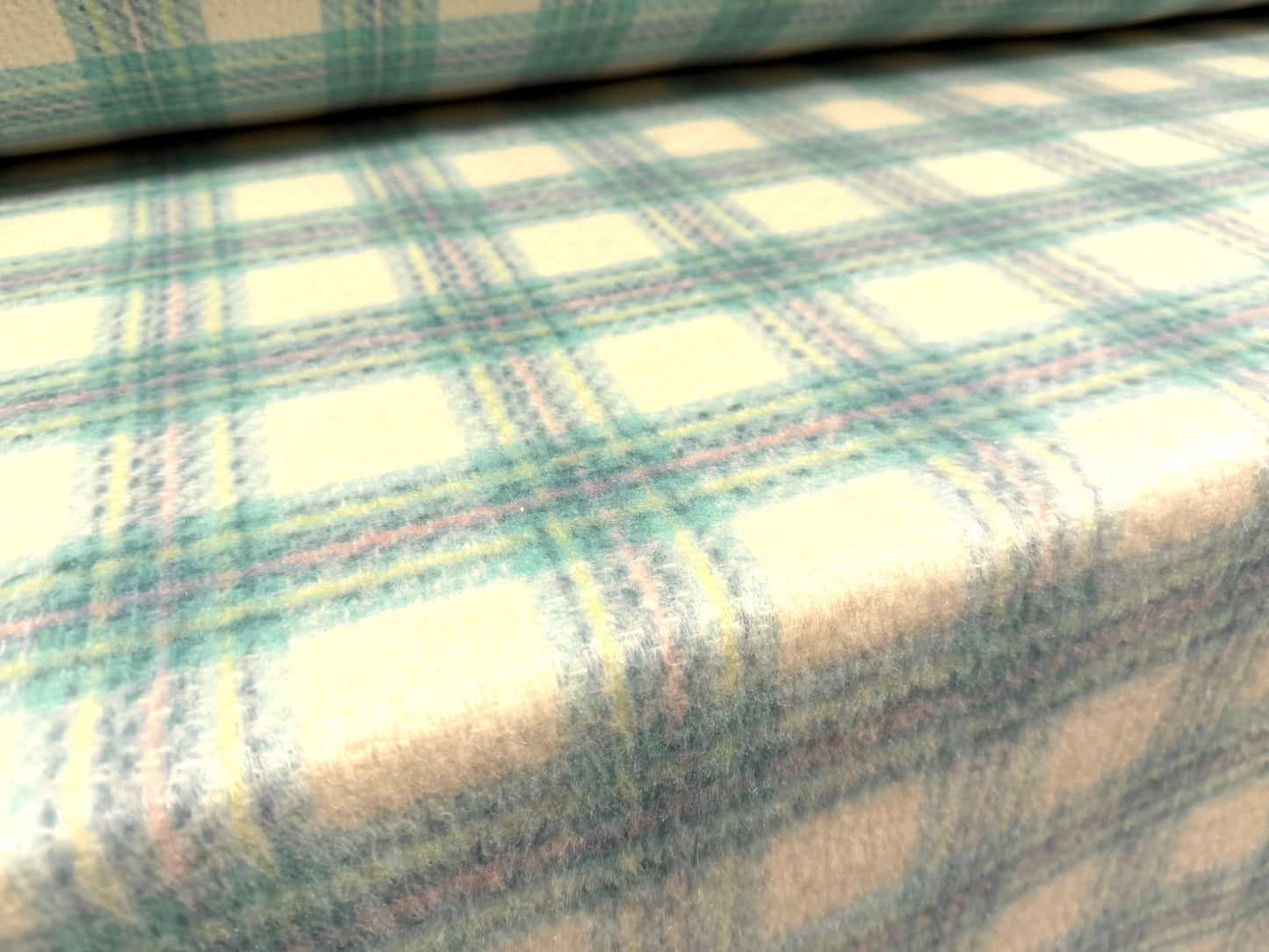 Heavyweight wool flannel fabric, per metre - plaid check - mint pink & ivory