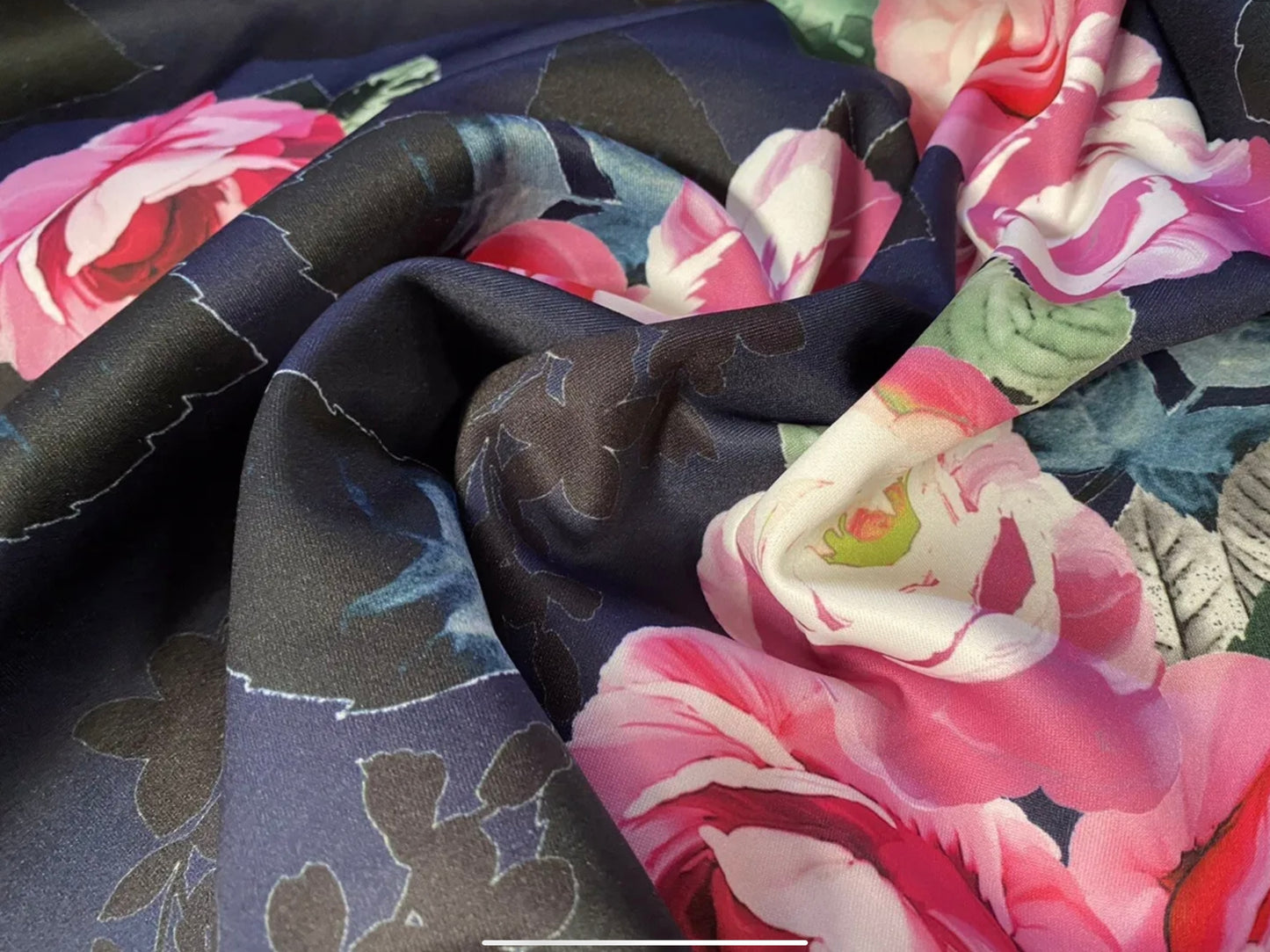 Scuba stretch spandex double jersey dress fabric, per metre - rose outline flower print - navy blue & pink