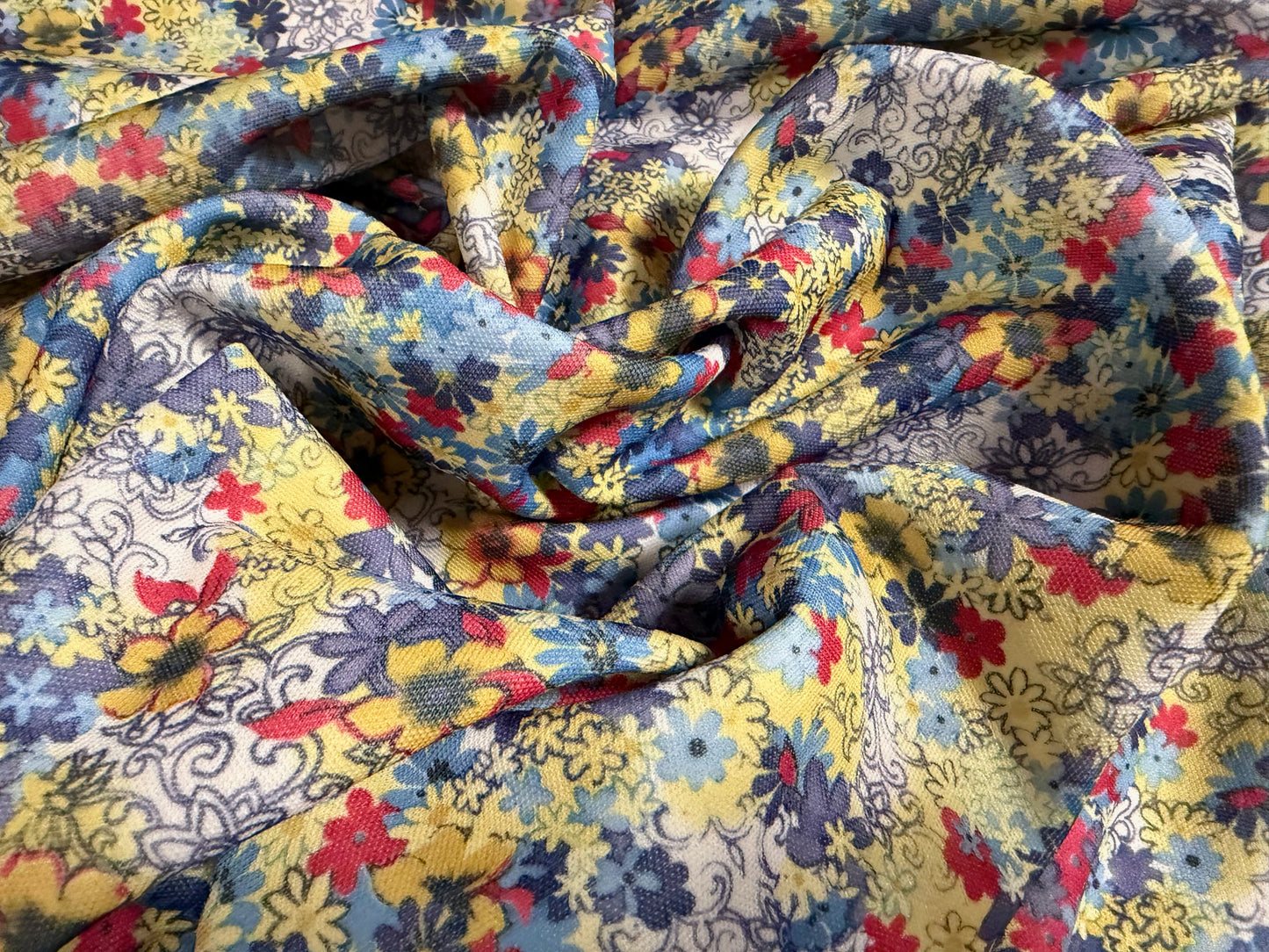 Toledo double jersey fabric, per metre - floral print - blue mustard & red