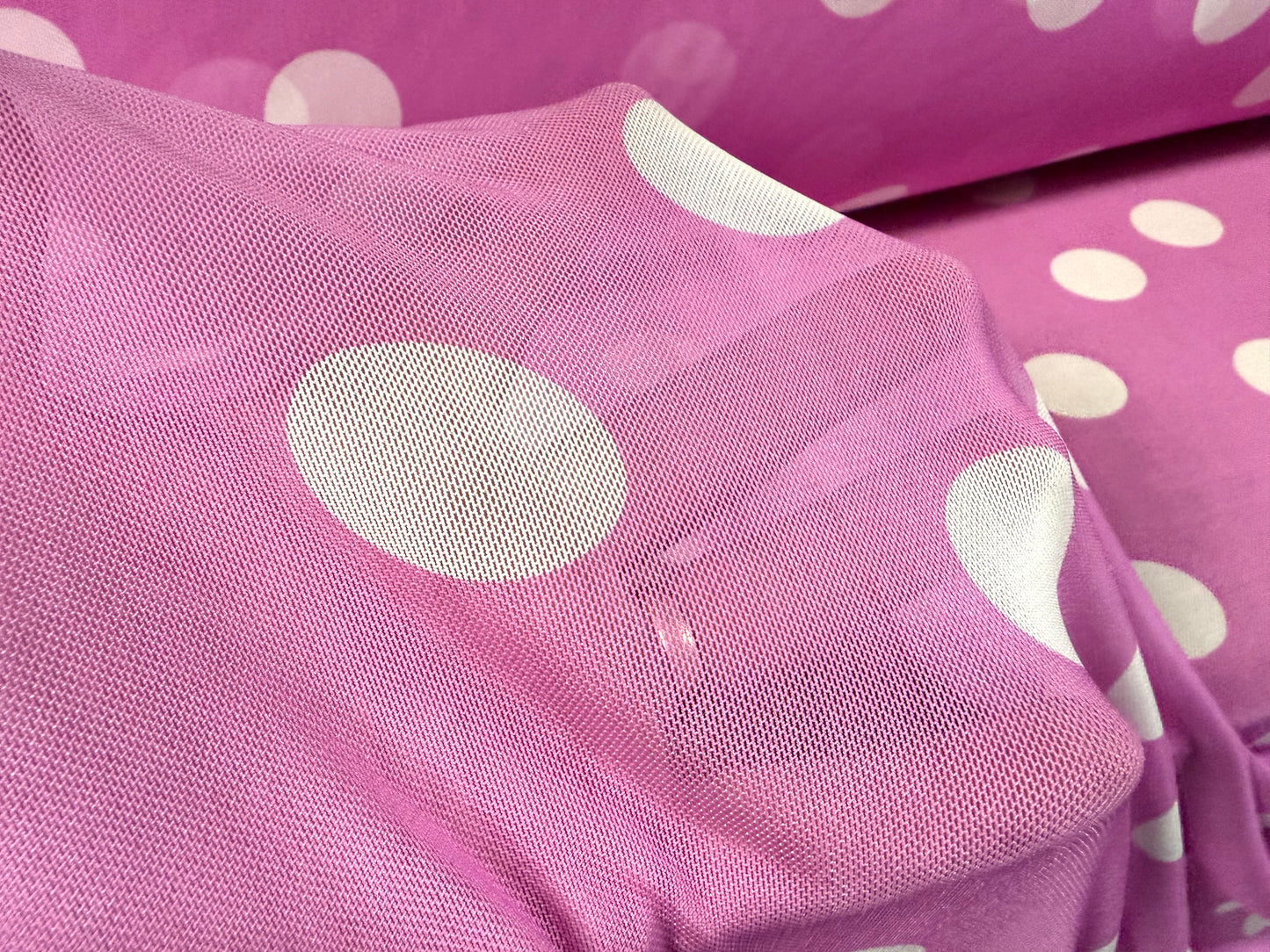 Power mesh net stretch spandex fabric, per metre - polka dot print - pink & white