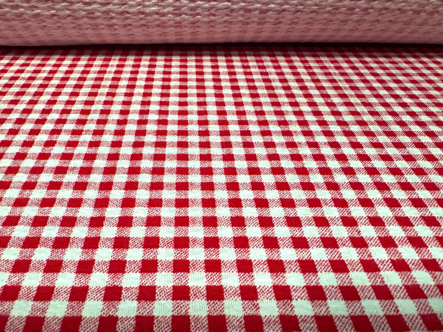 Stretch spandex jersey jacquard fabric, per metre - gingham print - red & white