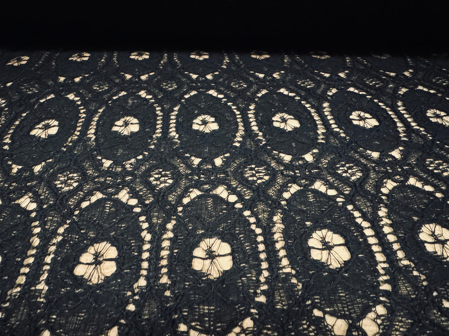 Corded cotton lace fabric, per metre - floral circles design - black