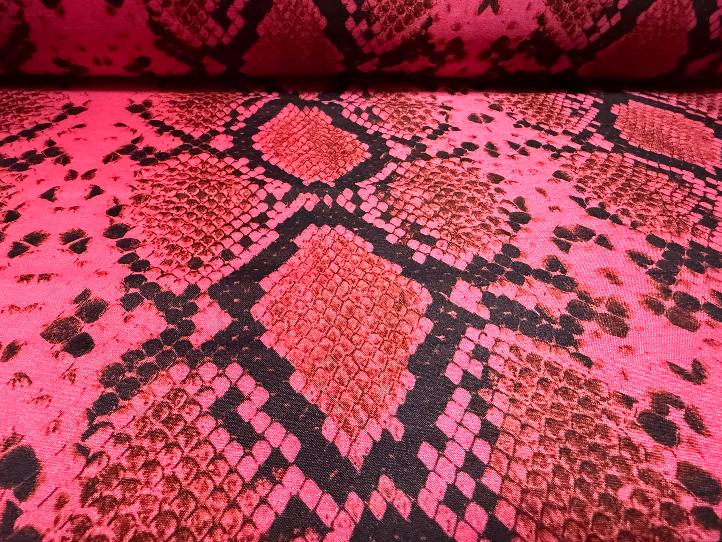 Shantung satin faux silk woven dress fabric, per metre - snakeskin print - cerise pink