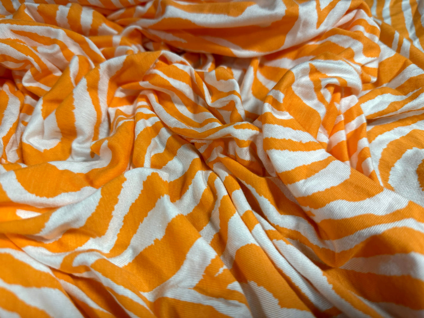 Viscose spandex stretch single jersey fabric, per metre - zebra animal print - orange & white