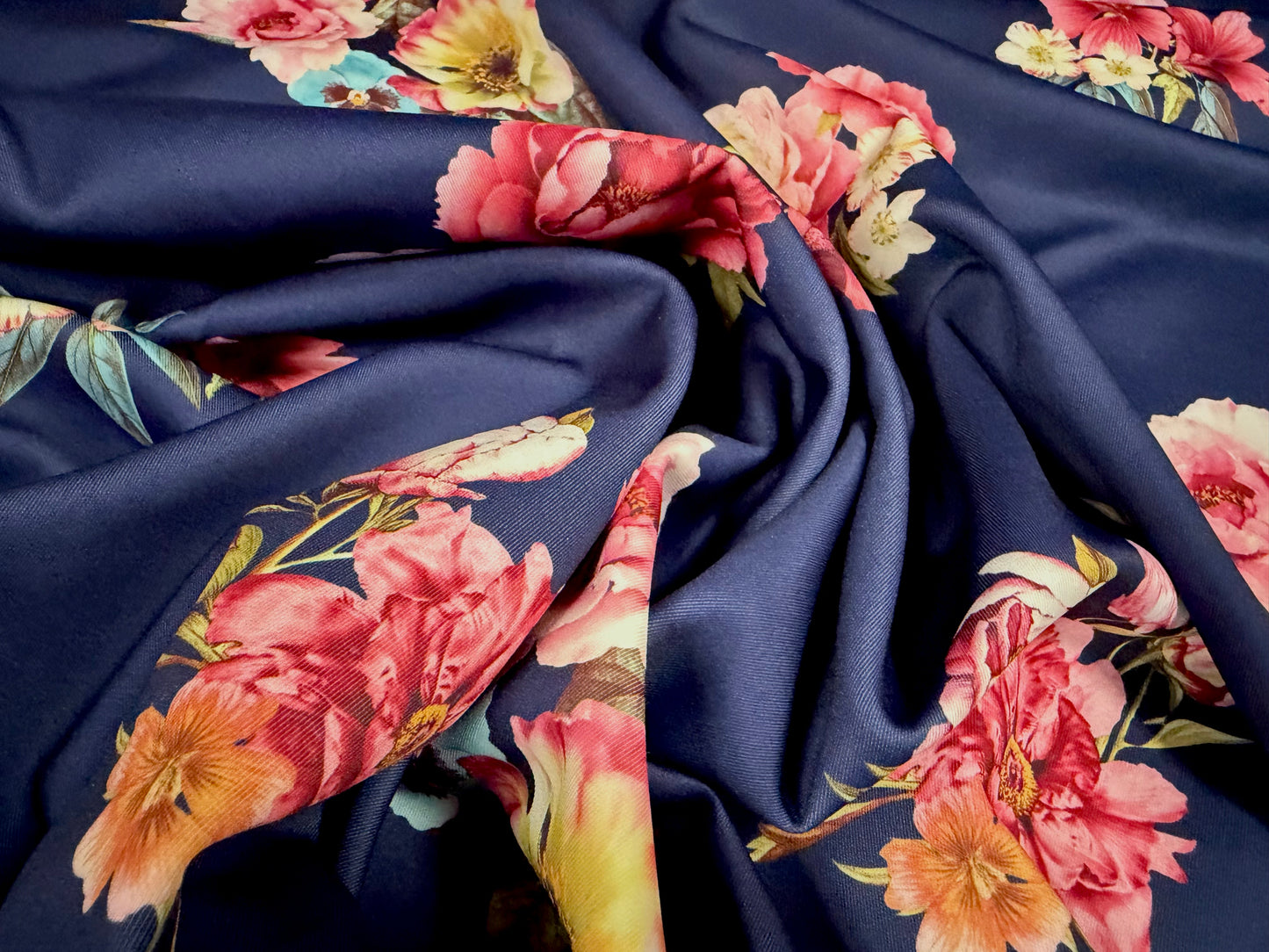 Scuba stretch spandex double jersey fabric, per metre - rose print - navy blue & pink