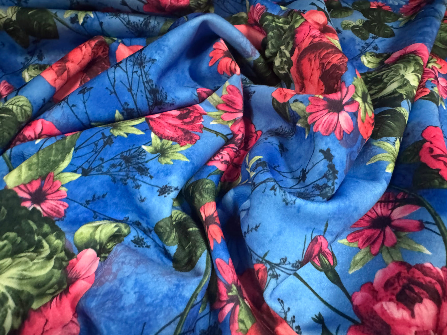 Scuba stretch spandex double jersey dress fabric, per metre - rose floral print - blue & pink