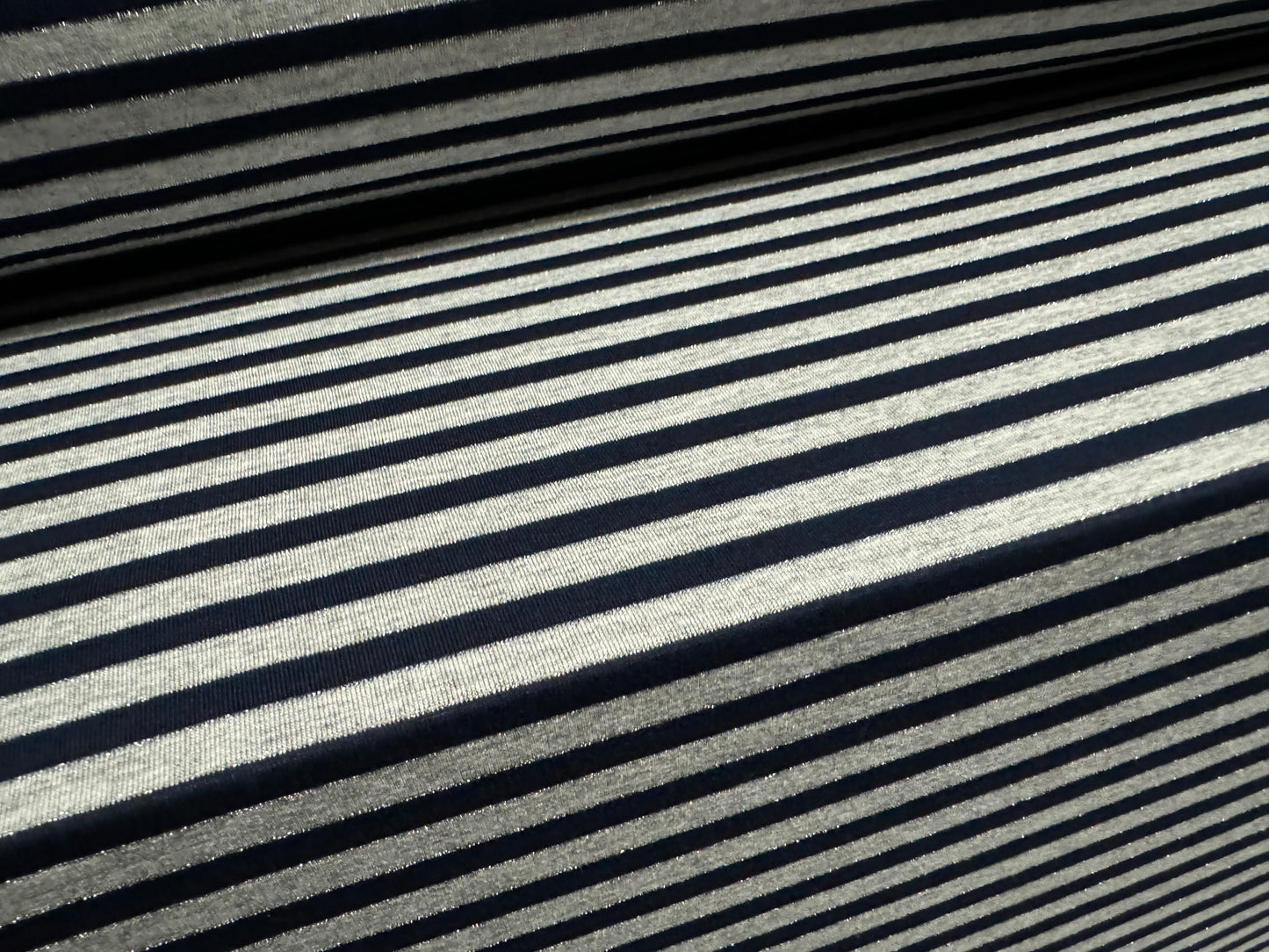 Metallic viscose spandex stretch single jersey fabric, per metre - stripe - navy & grey with silver lurex