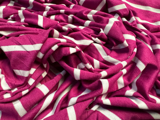 Viscose spandex stretch single jersey fabric, per metre - Breton stripe - magenta & white