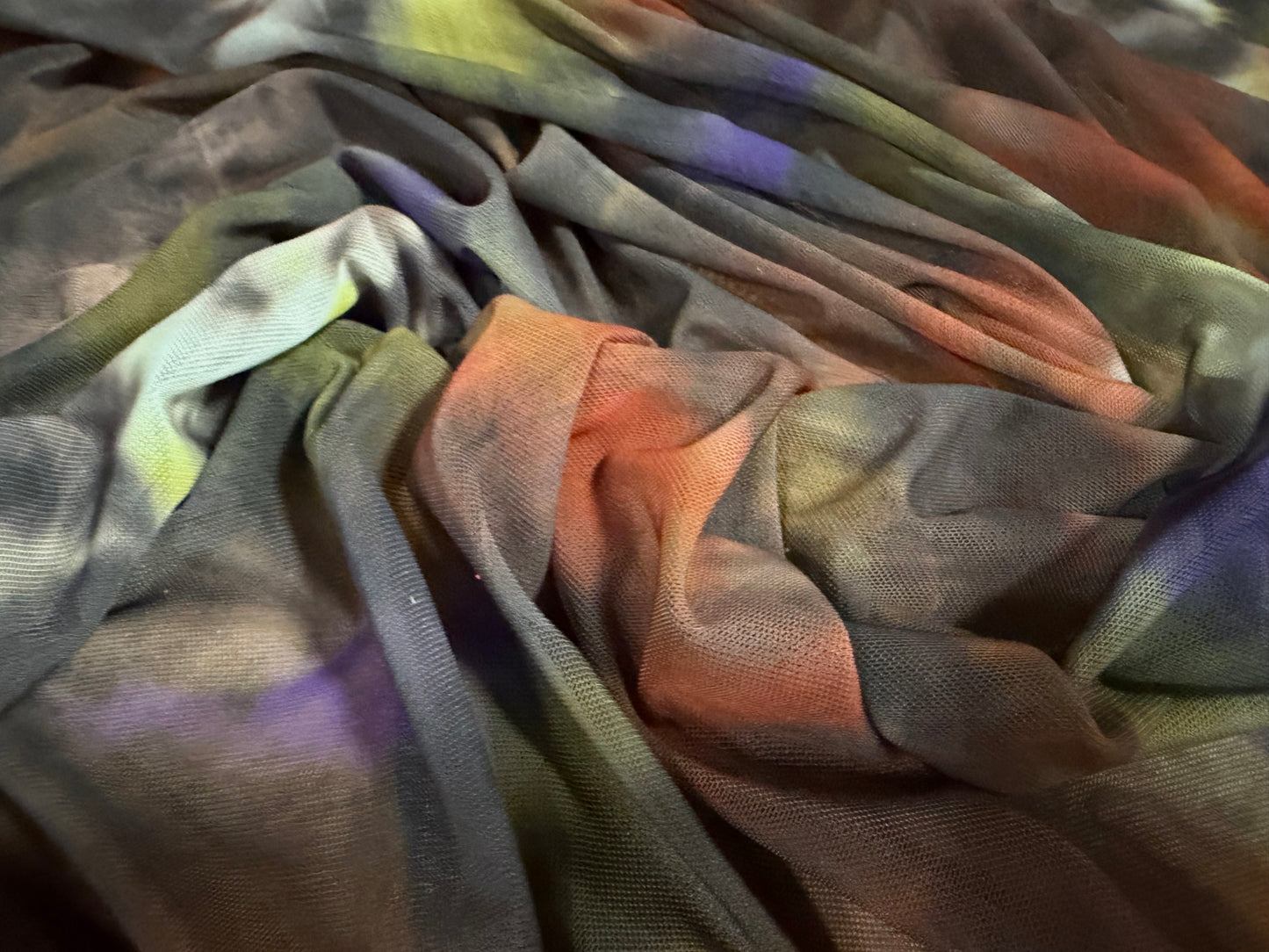Power mesh net stretch spandex fabric, per metre - moody abstract print - rust & purple