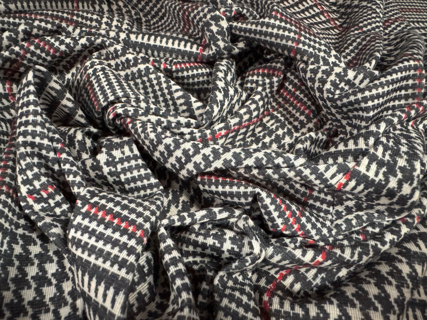 Soft handle single jersey fabric, per metre - dogtooth check print - black ivory & red
