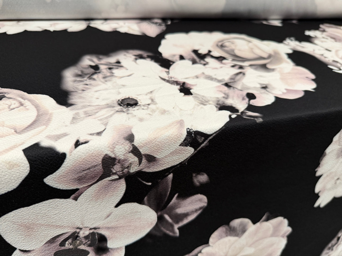 ‘Liverpool’ stretch textured double jersey fabric, per metre - rose print - black & blush