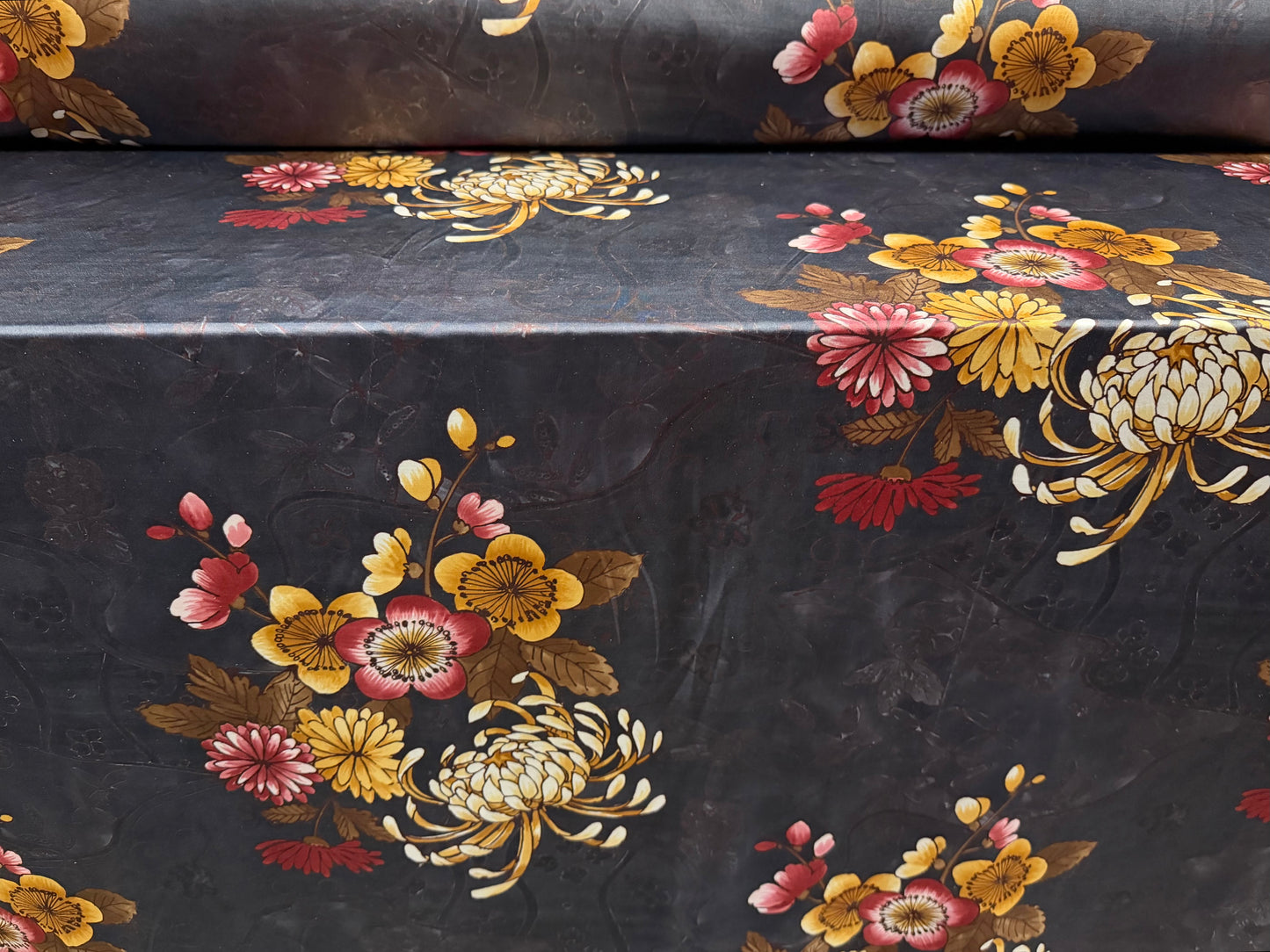 Soft touch stretch spandex single jersey fabric, per metre - East Asian Chrysanthemum print - charcoal