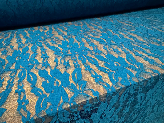Stretch spandex mesh lace net fabric, per metre - floral pattern - deep turquoise blue