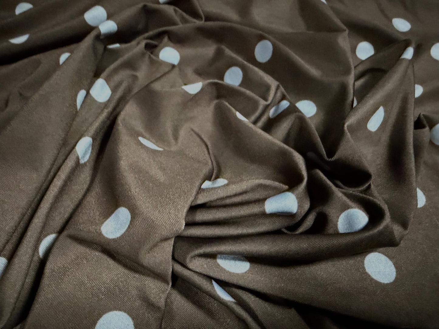 Soft touch stretch spandex jersey fabric, per metre - spotted print - grey & china blue