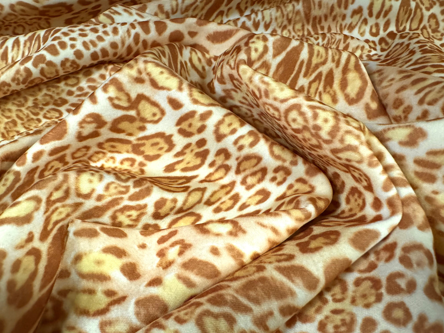 Scuba stretch spandex double jersey dress fabric, per metre - stylised leopard print - gold & cream