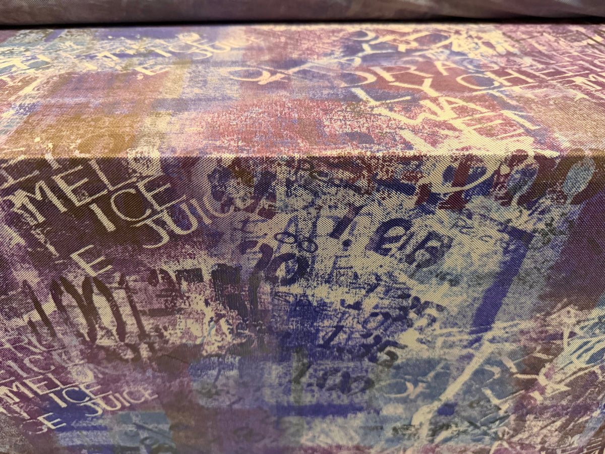Power mesh stretch spandex fabric, per metre - graffiti street art print - violet & blue