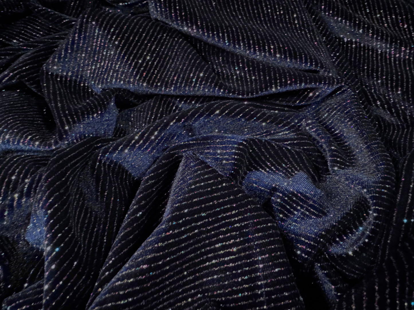 Couture Spandex velvet velour stretch fabric, per metre - glitter pinstripe - navy blue