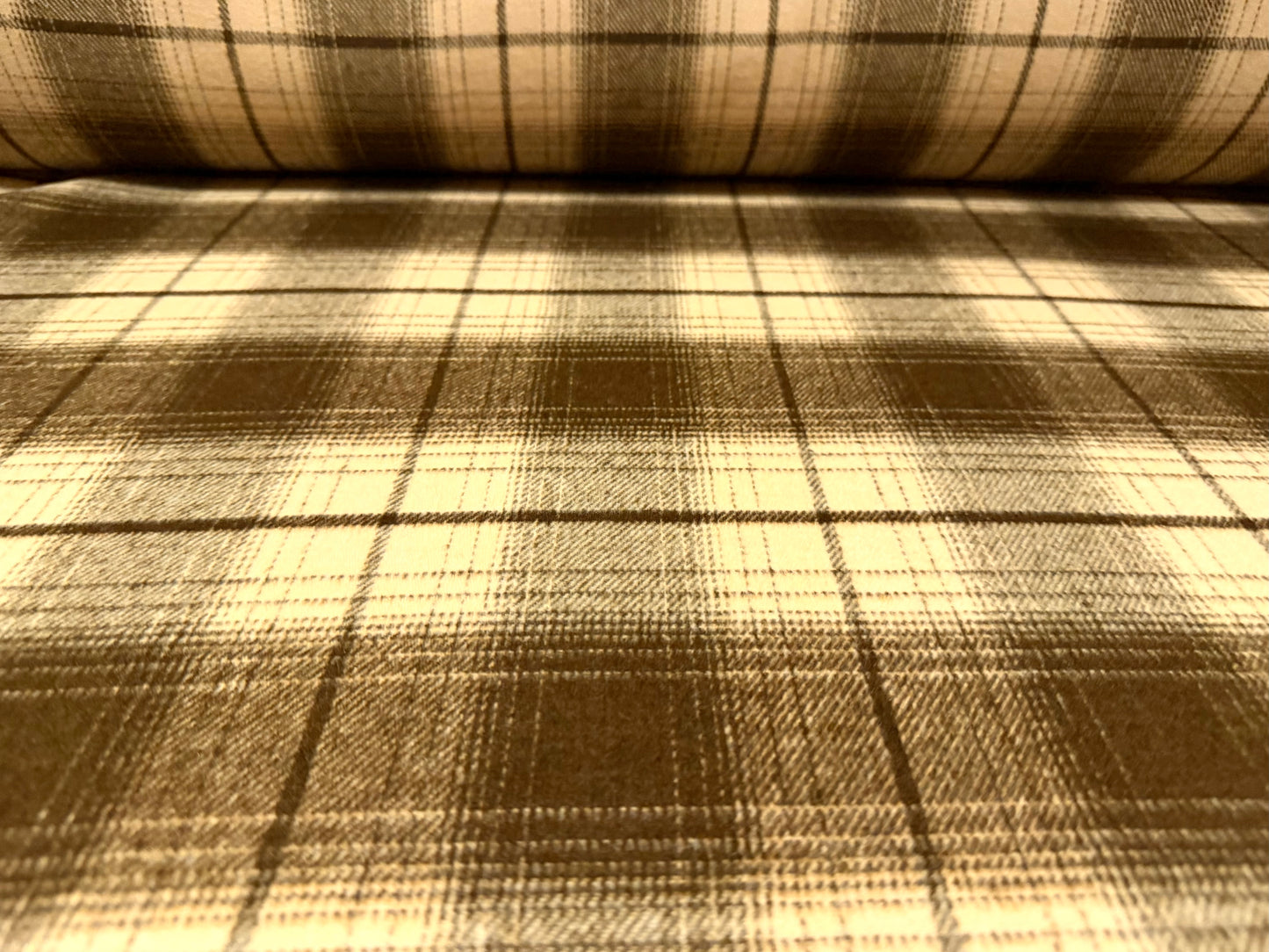 Heavyweight wool flannel coat jacket fabric, per metre - plaid check - brown & beige