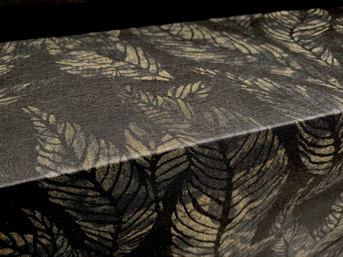Metallic viscose spandex stretch jersey fabric, per metre - leaf print - black & old gold