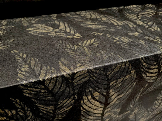 Metallic viscose spandex stretch jersey fabric, per metre - leaf print - black & old gold