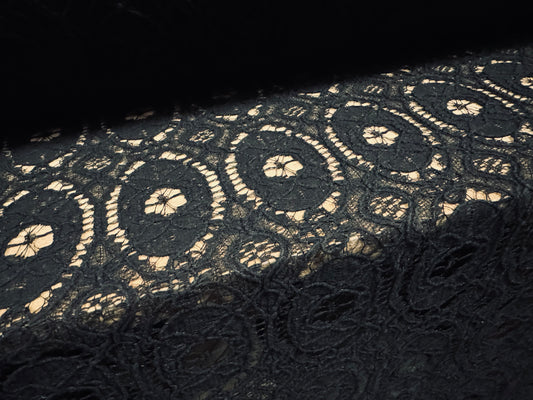 Corded cotton lace fabric, per metre - floral circles design - black