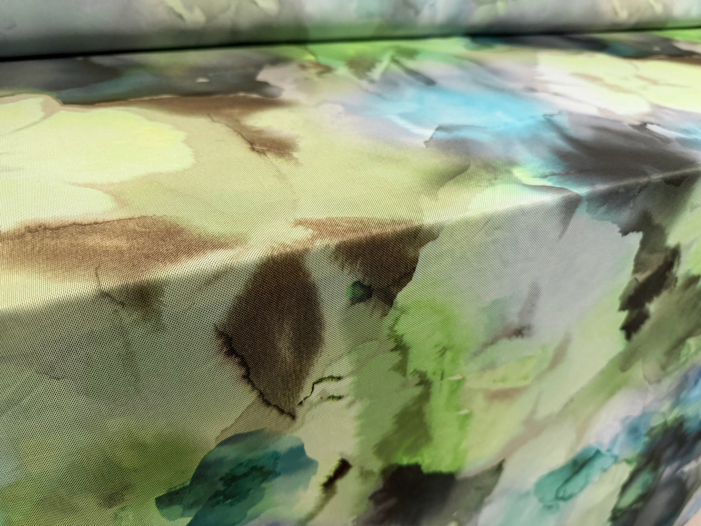 Power mesh net stretch spandex fabric, per metre - ink wash floral print - green & blue