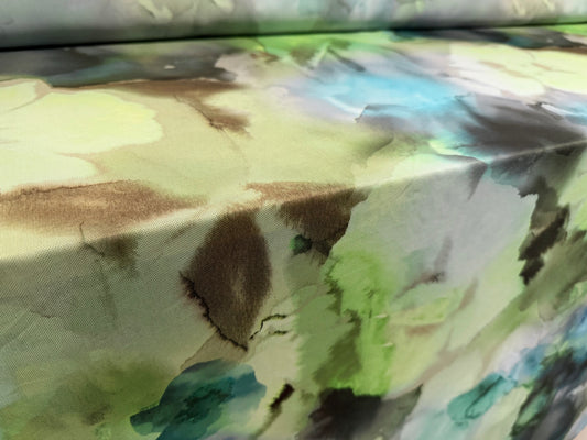 Power mesh net stretch spandex fabric, per metre - ink wash floral print - green & blue