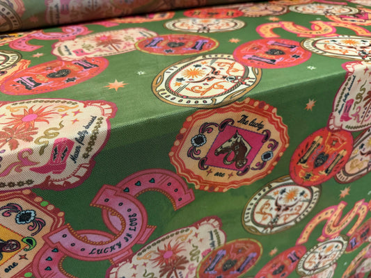 Power mesh net stretch spandex fabric, per metre - lucky horseshoe print - pink & olive green