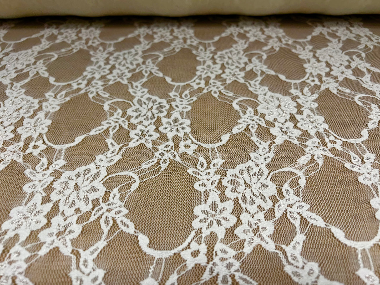 Stretch spandex mesh lace net fabric, per metre - floral - light cream