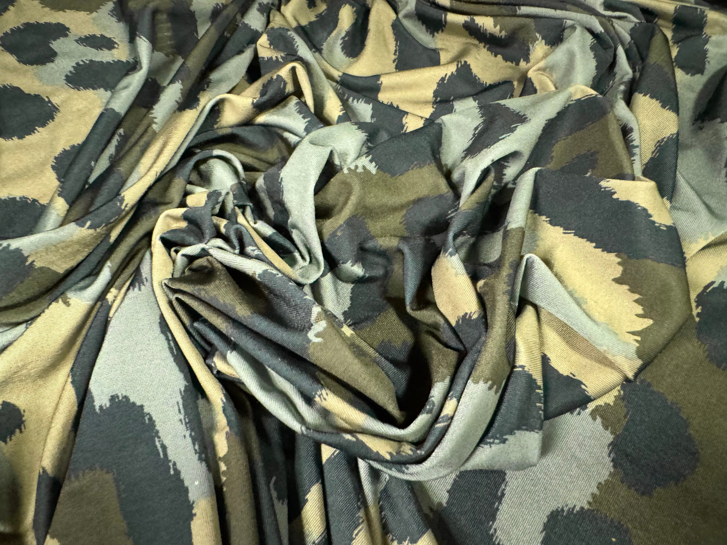 Soft touch stretch spandex single jersey fabric, per metre - cheetah camouflage print - khaki