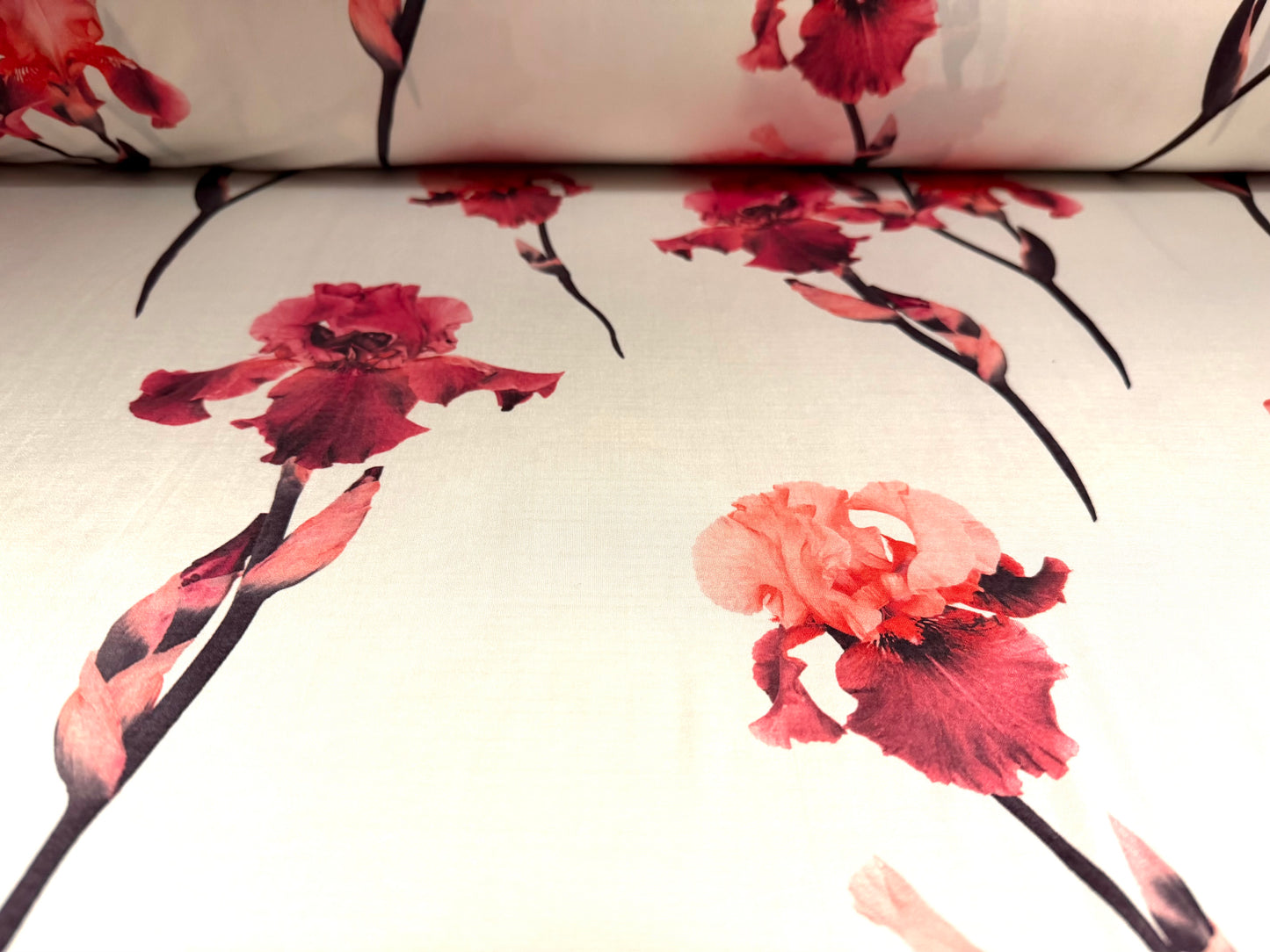 Soft touch stretch spandex single jersey fabric, per metre - Iris flower print - ivory & pink