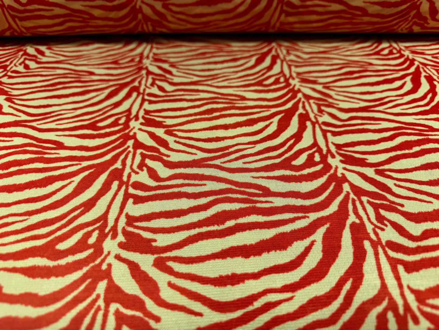 Power mesh crepe stretch spandex fabric, per metre - zebra animal print - red & cream