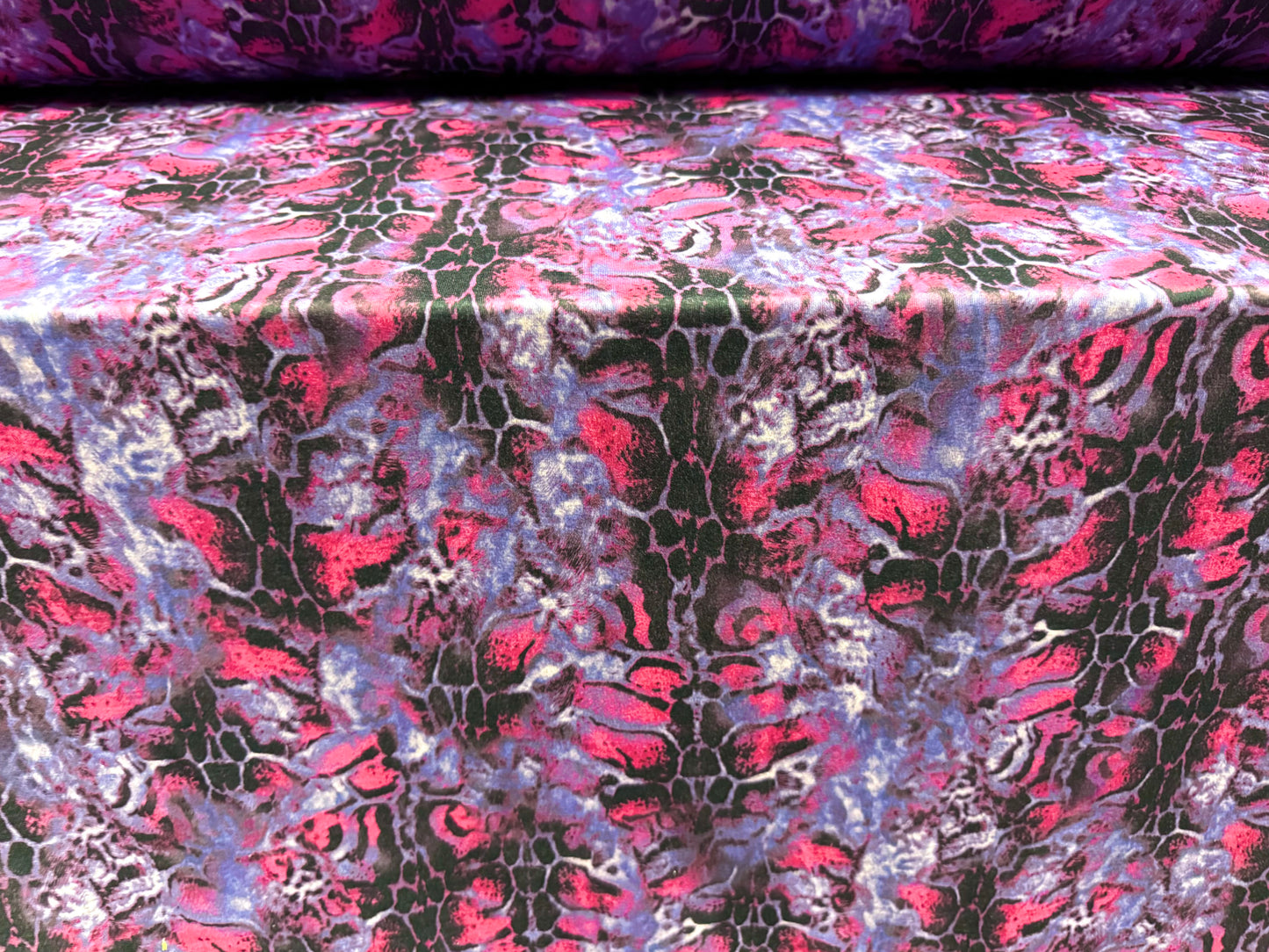 Stretch spandex interlock jersey fabric, per metre - stylised snakeskin print - violet & pink