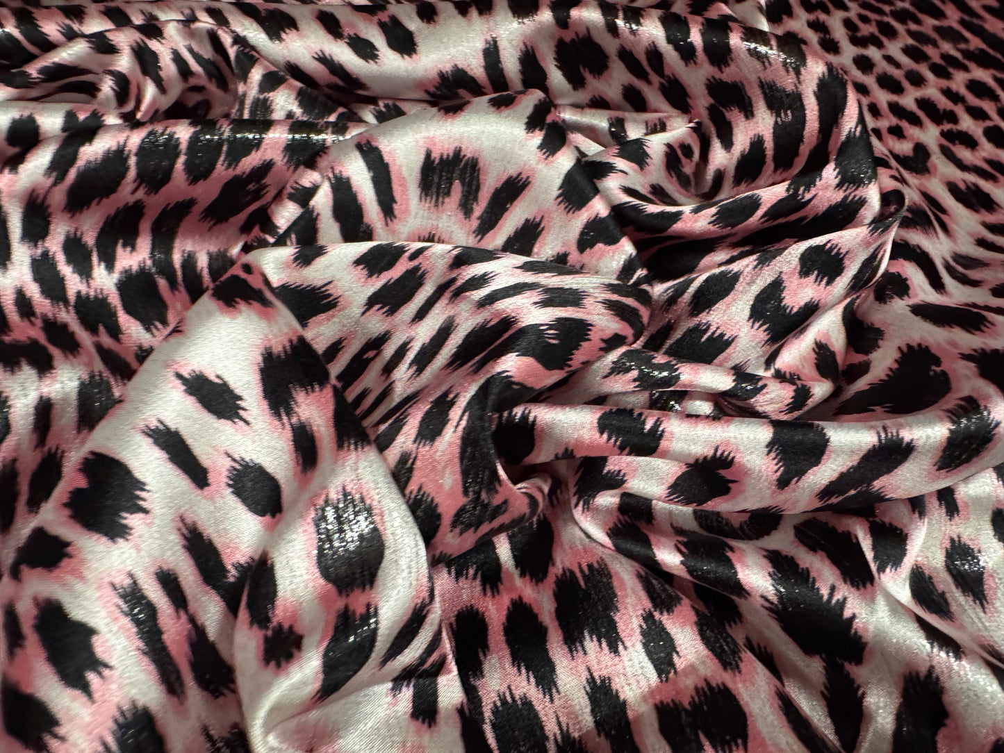 Metallic stretch satin dress fabric, per metre - Leopard print - pink