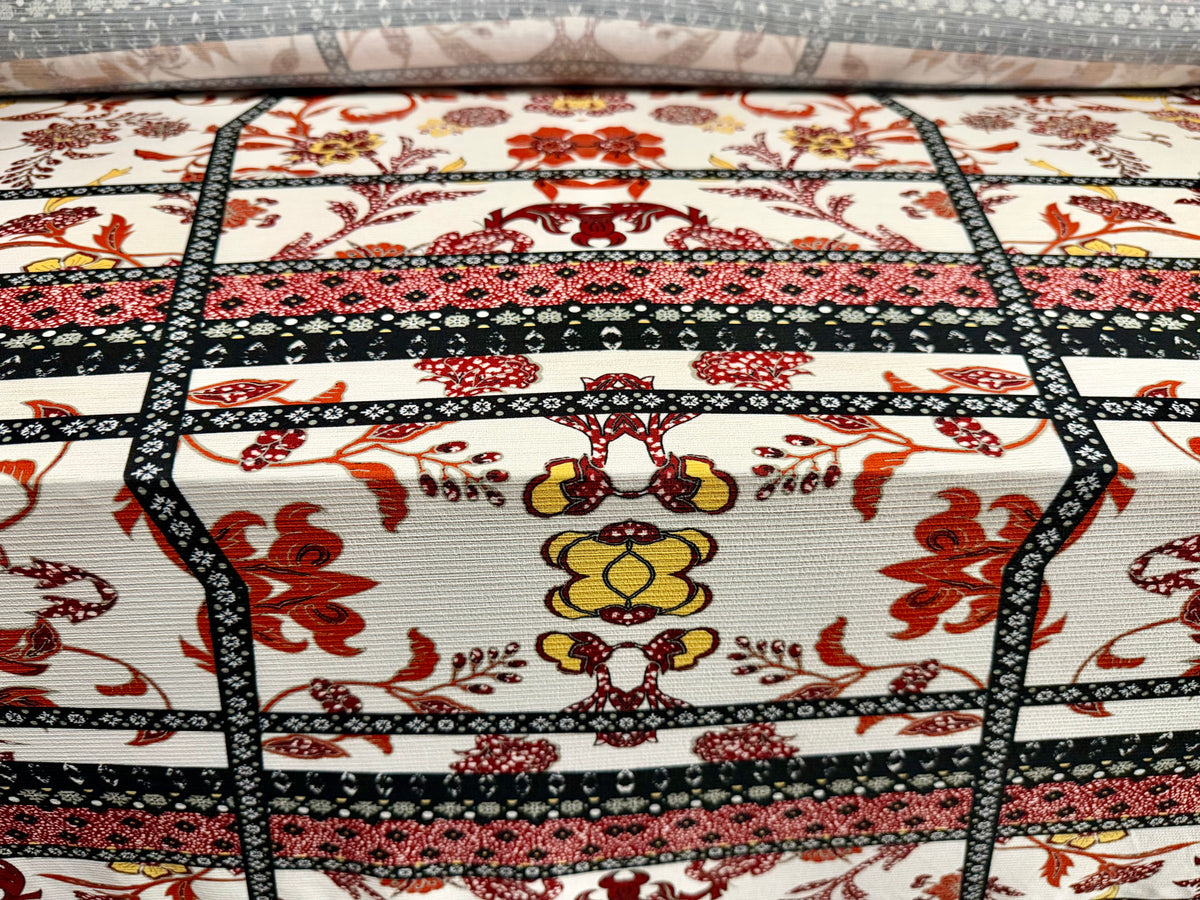 Stretch Vienna crepe dress fabric with spandex, per metre - floral double border print - wine terracotta & black