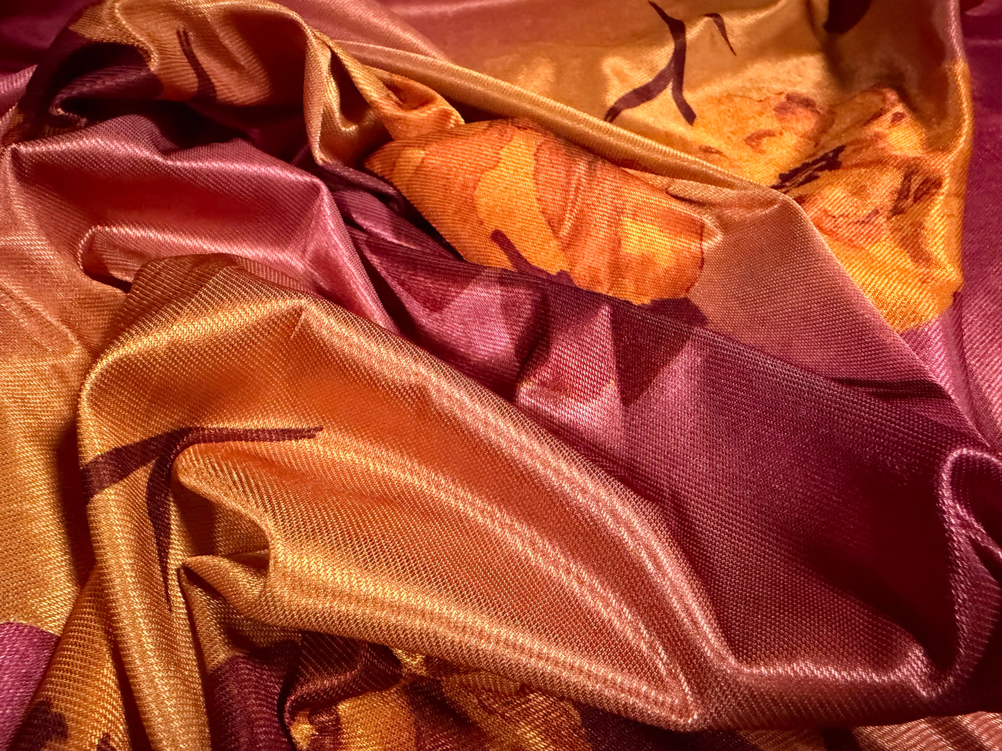 Stretch spandex satin jersey fabric, per metre - blossom print - magenta & gold