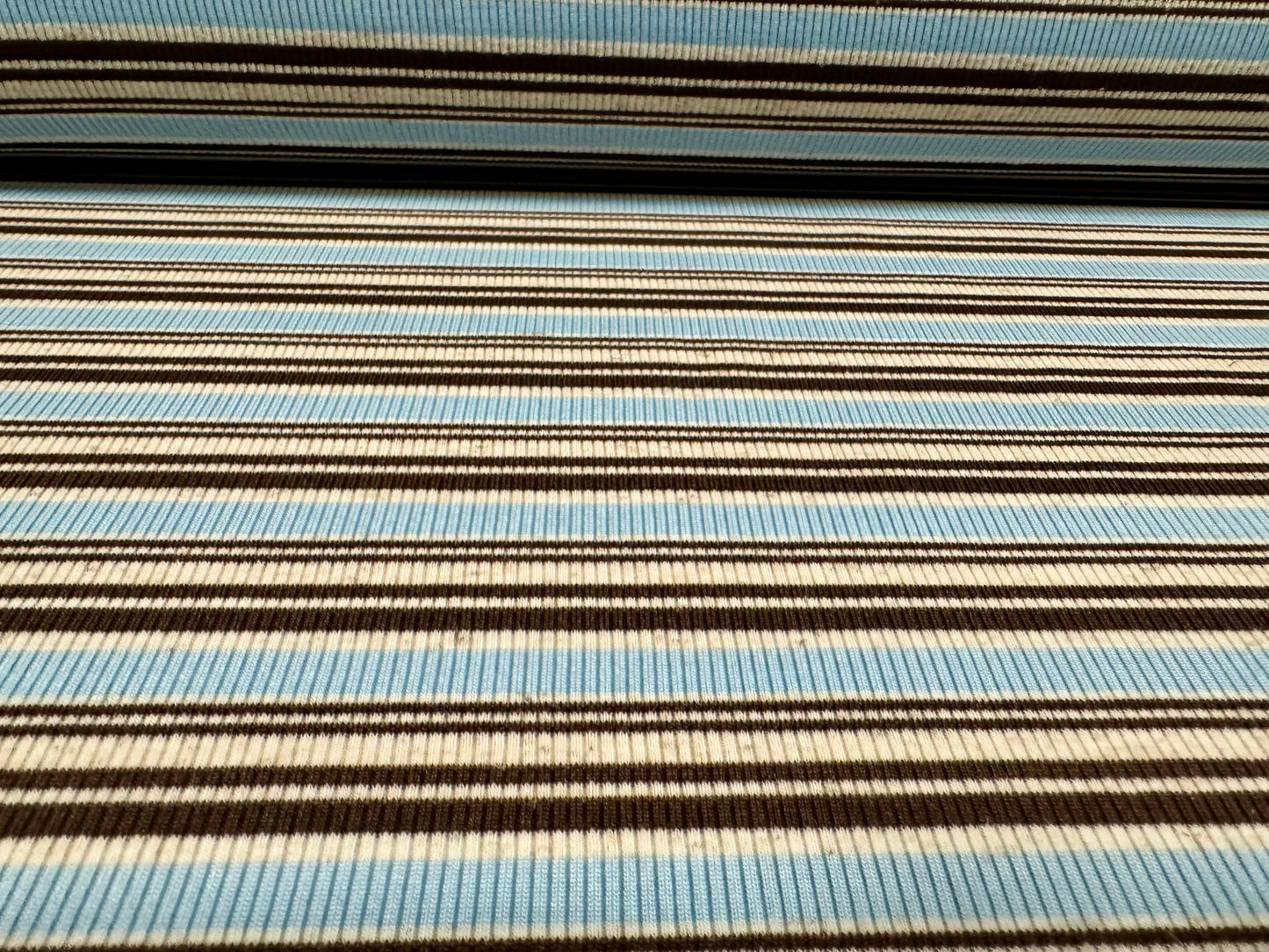 Stretch Spandex rib jersey fabric, per metre - stripe - sky blue & oatmeal melange