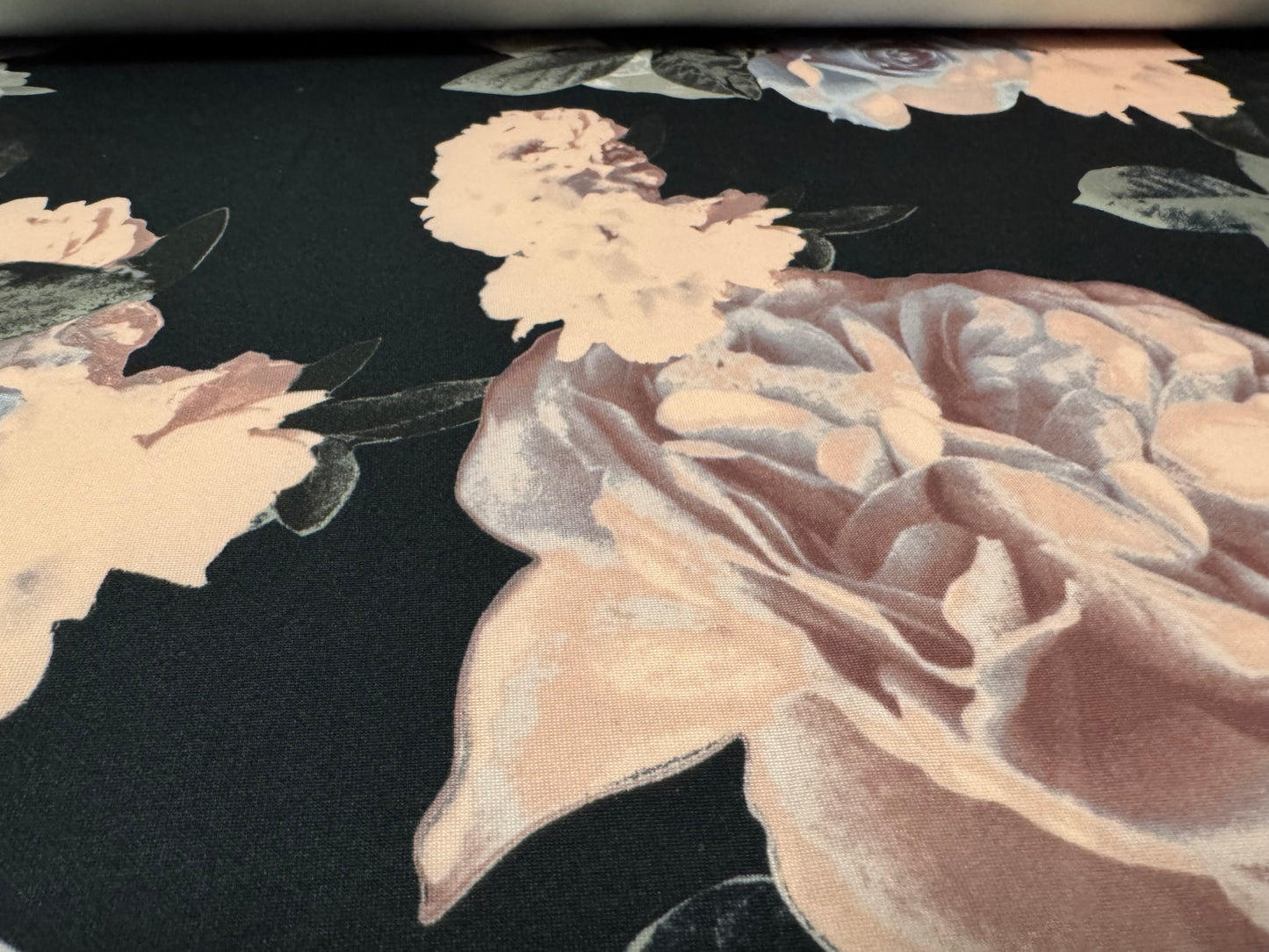 Scuba stretch spandex double jersey dress fabric, per metre - roses floral digital print - black pink & grey