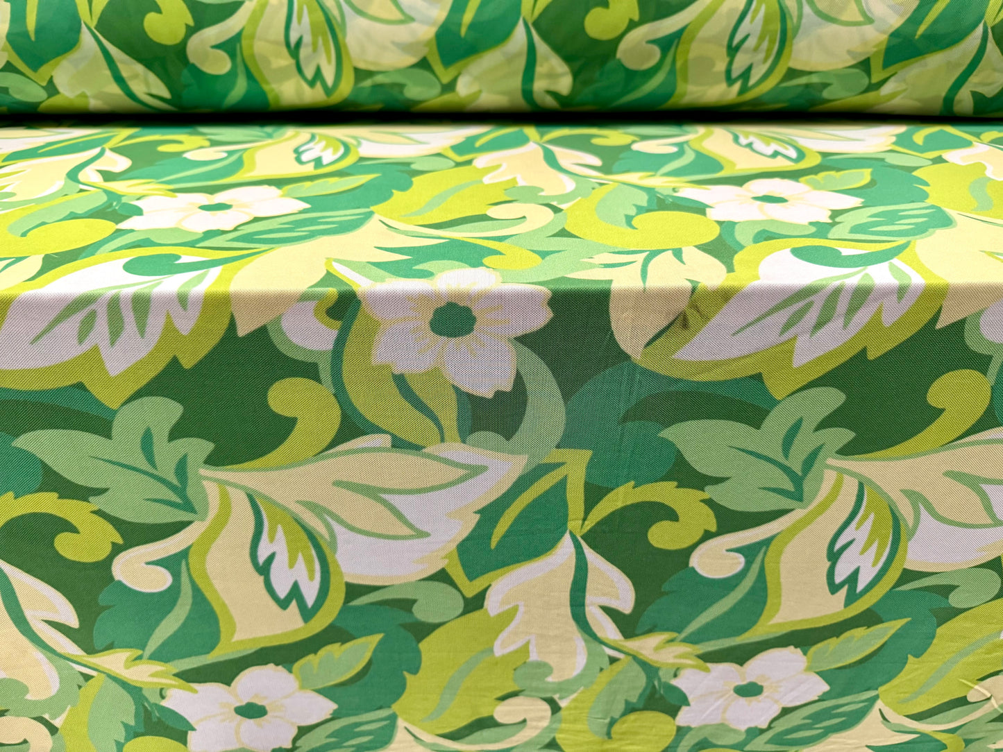 Power mesh net stretch spandex fabric, per metre - retro floral print - green