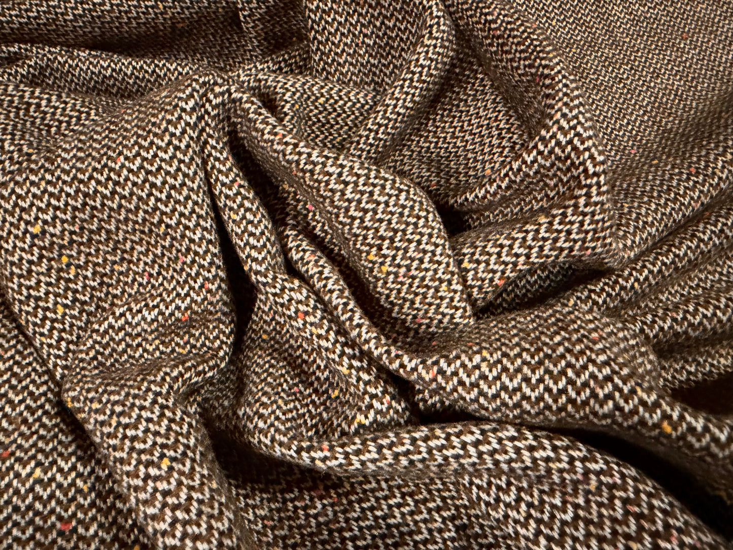 Wool tweed fabric, per metre - chevron - brown fleck