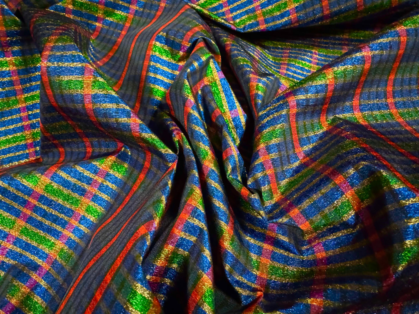 Metallic taffeta faux silk fabric - tartan check - blue green & orange